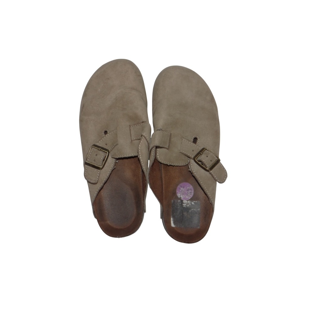 Taupe Suede Leather Clogs Buckle Strap Cork Mules Tan 6.5